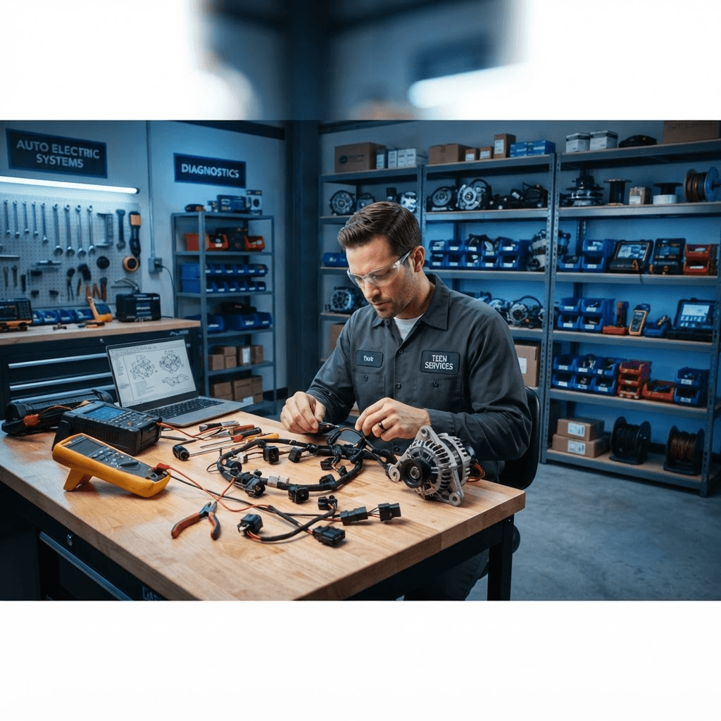 Oficina moderna com mecânico trabalhando em peças elétricas automotivas